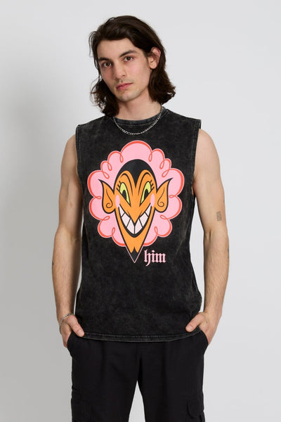 male model wearing a black cotton acid wash finish tank top with drop shoulders and a large printed image of the character HIM from The Powerpuff Girls. Shown from front