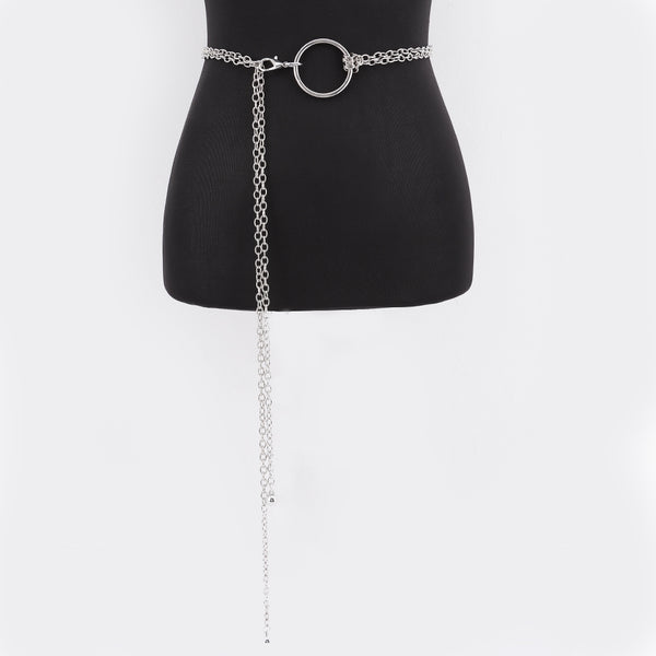 double link chain belt in silver with round charms at the end of each chain connected to large matching silver O ring. Shown on dress form