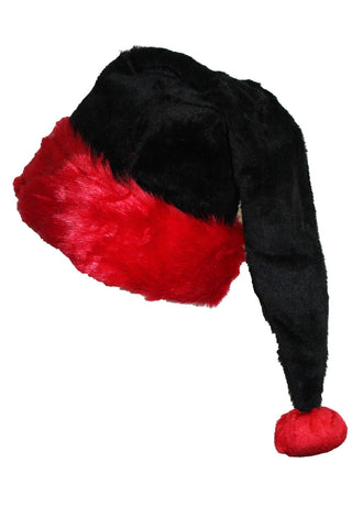 Santa style stocking cap in faux fur with black body and red trim and Pom Pom. Shown flat