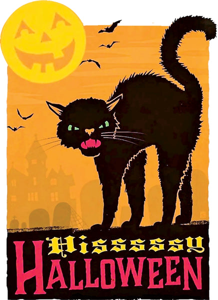 Vintage-style Halloween graphic featuring a black cat walking across a dark foreground with the words 'Hissssssy Halloween' beneath it, a yellow jack-o'-lantern moon, bats, and a haunted-house silhouette on an orange background.