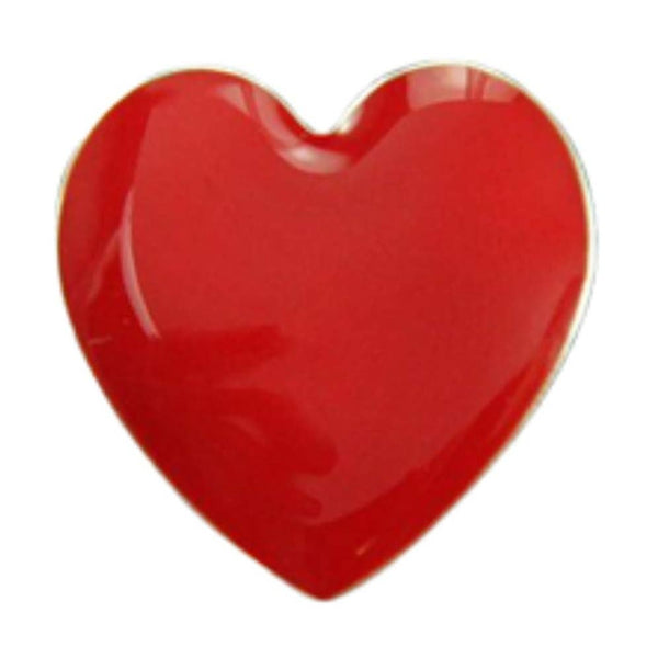 red enameled heart shaped silver metal brooch with thin silver outine shown on white background