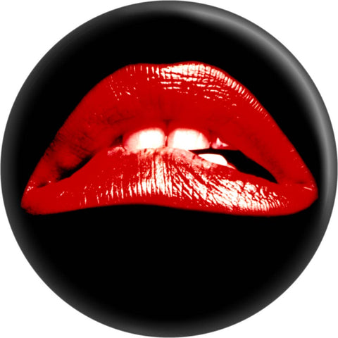 1.25" round pinback button of red lips from Rocky Horror Picture Show on a black background