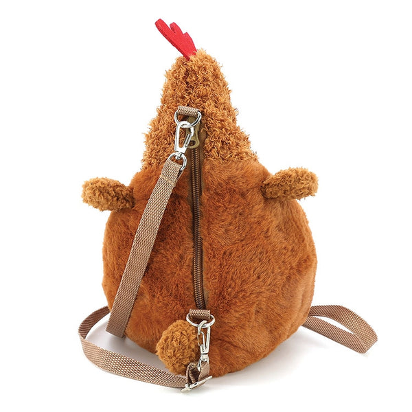 plush brown hen novelty shaped crossbody purse with adjustable removable strap. Shown from back to display vertical zipper and strap hardware