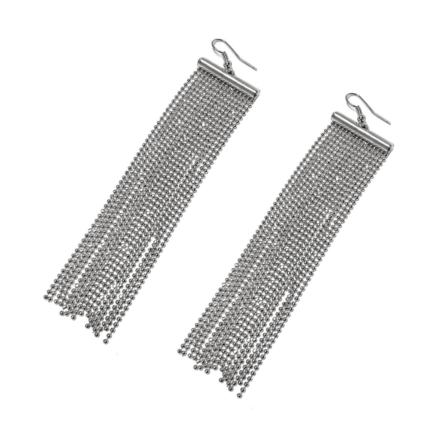 Pair of silver ball chain fringe earrings on a white background