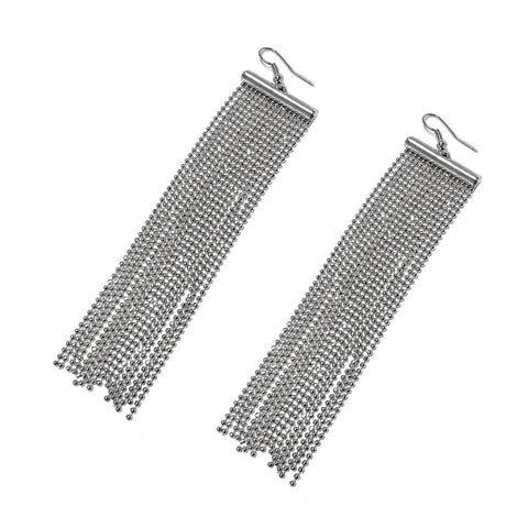 Pair of silver ball chain fringe earrings on a white background