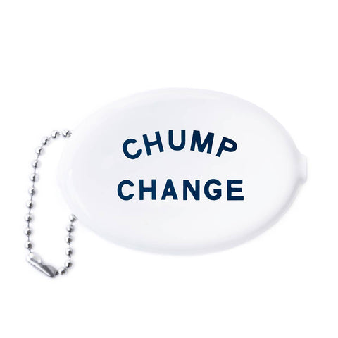 bright white rubber oval shaped coin pouch with navy blue message "CHUMP CHANGE". With attached ball chain in silver metal