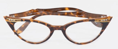 tortoiseshell cat eye glasses with clear lenses and gold & rhinestone embellishments at the temples and arms. Shown from the front