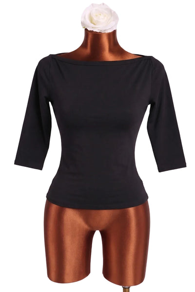black brushed fiber knit top with boat neck and three quarter sleeves. Shown from front on dress form