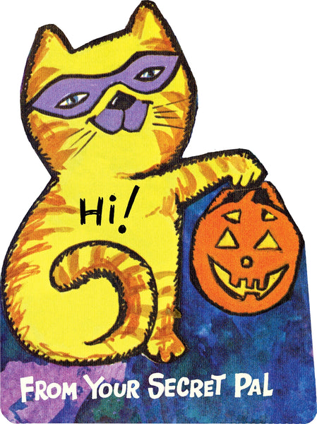 A colorful Halloween-themed card featuring a yellow cat with orange stripes, purple mask, and an orange jack-o'-lantern, with the text 'Hi!' and 'FROM YOUR SECRET PAL' on a white background.