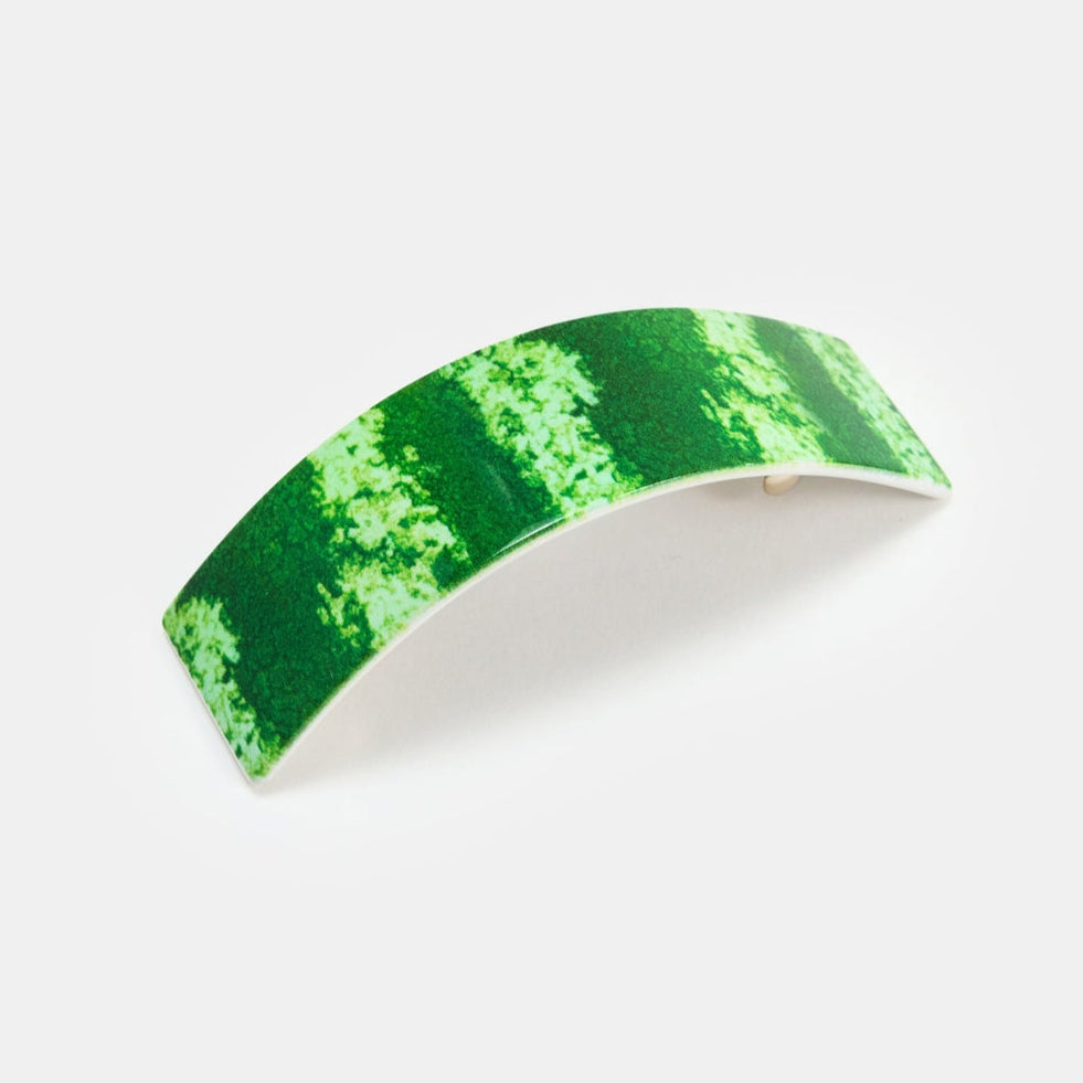 curved acetate pinch clip style barrette with photorealistic watermelon rind design
