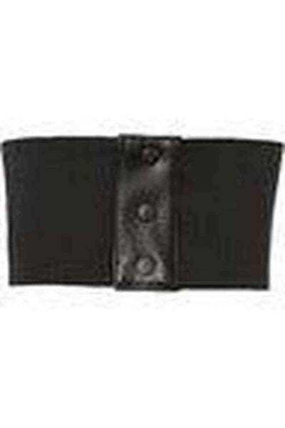 elastic 5” wide belt with matte finish black faux leather 9 1/4” wide laced corset-look pointed section and back triple snap detail. Shown from back