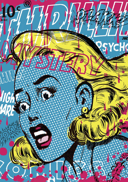 Note card with neon blue pop art-style Ben-Day dot illustration of a blonde woman's face with bold colors and comic book style text “THRILLING” “MYSTERY” “COMICS” “CHILLS” “NIGHTMARE”