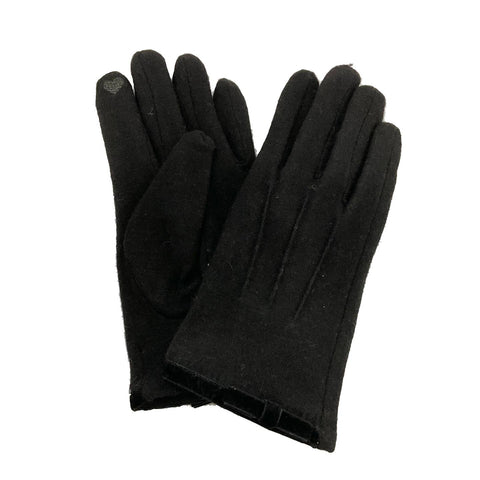 black knit gloves with heart-shaped texting pad on index finger and black velvet ribbon trim at wrist with bow detail