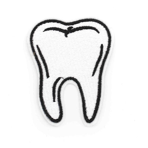 white felt embroidered patch of a bright white molar tooth with black outline and highlights