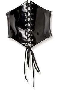 elastic 5” wide belt with shiny black PVC 9 1/4” wide laced corset-look pointed section and back triple snap detail