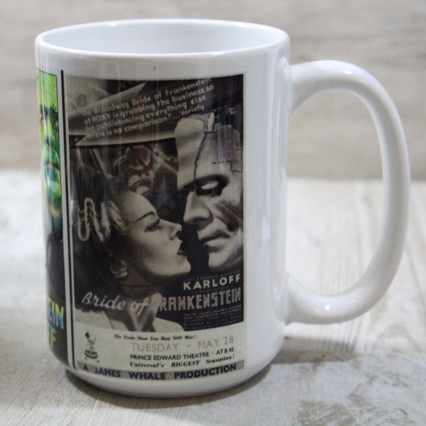 15oz white ceramic mug with printed illustrated movie posters for the Bride of Frankenstein. Shown from side