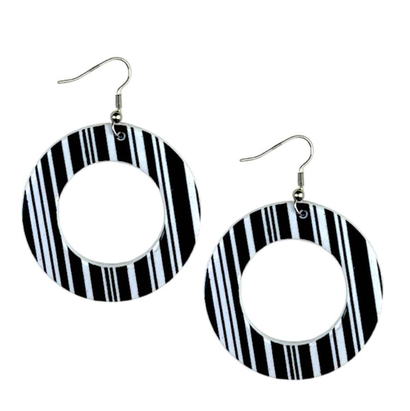 round center cutout acrylic dangle earrings with white and black irregular stripes