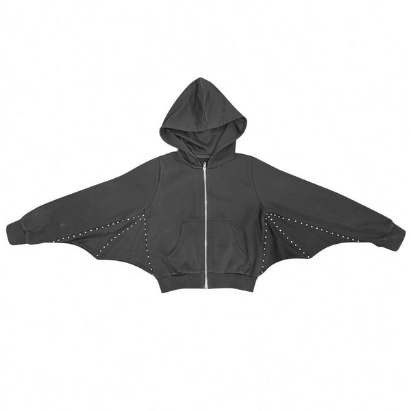 French terry zip up cropped hoodie with double zipper pull, oversized drawstring hood, kangaroo pockets, and scalloped batwing style detail under each arm with silver metal stud detail. Shown zipped from front