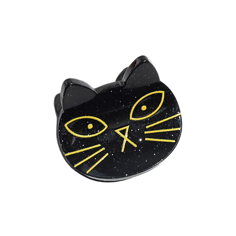 Black acetate with silver glitter mini claw clip style hair clip in the shape of a cat head with yellow printed face detail