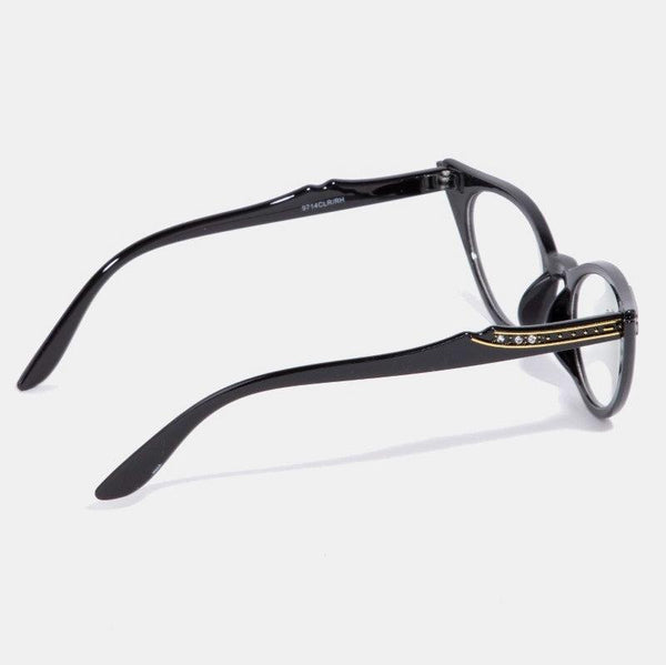 black cat eye glasses with clear lenses and gold & rhinestone embellishments at the temples and arms. Shown from the side