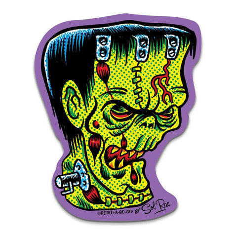 neon green stylized Frankenstein face with green Ben Day dot detail on purple background die-cut vinyl sticker