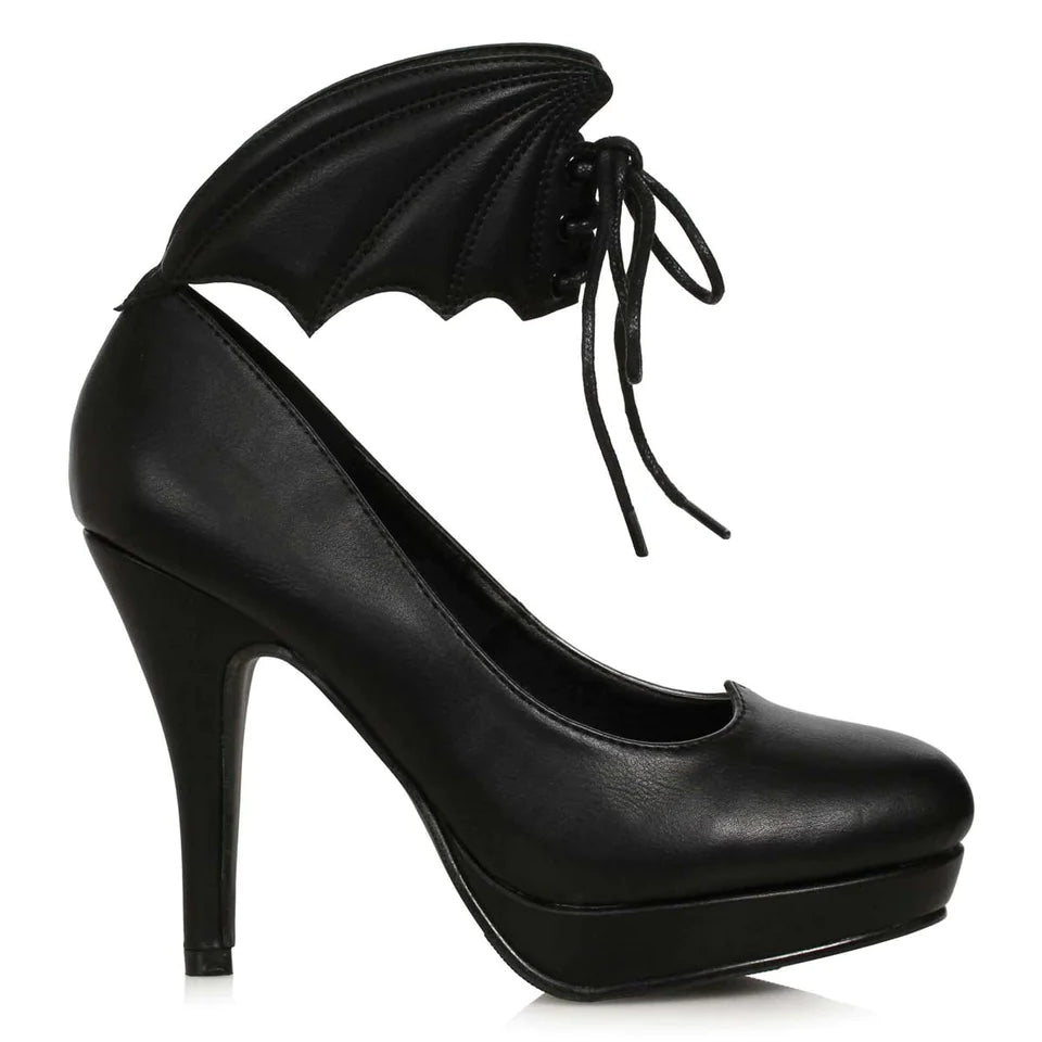 black faux-leather platform pump features a quilted detail lace-up batwing shaped ankle "strap"