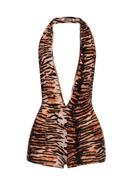 orange and black brushed fiber knit tiger print halter neck romper shown from front