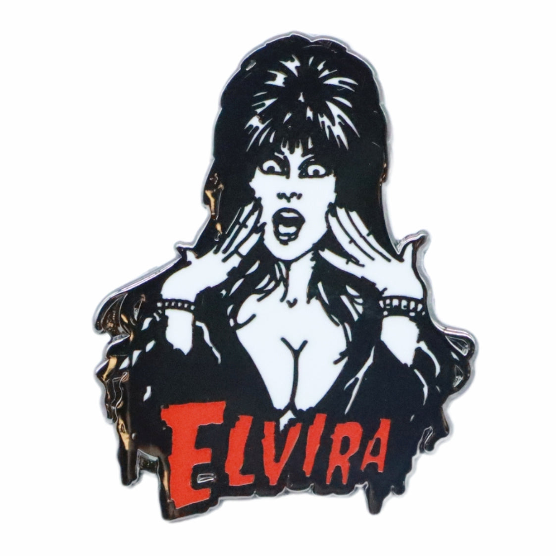 Black, white, and red enamel pin of Elvira pictured with her hands at her mouth