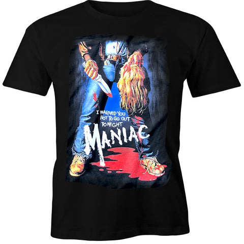 screenprinted unisex black t-shirt with poster art from the classic 1980 horror movie ﻿Maniac﻿