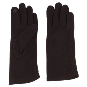 black stretched brush knit gloves with ruching detail at each wrist and touchscreen texting capabilities