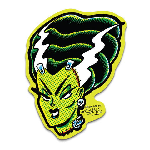 neon green stylized Bride of Frankenstein face with green Ben Day dot detail die-cut vinyl sticker