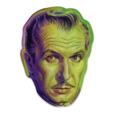 die-cut vinyl sticker of a portrait of Vincent Price in yellow, green, and purple colored pencil 