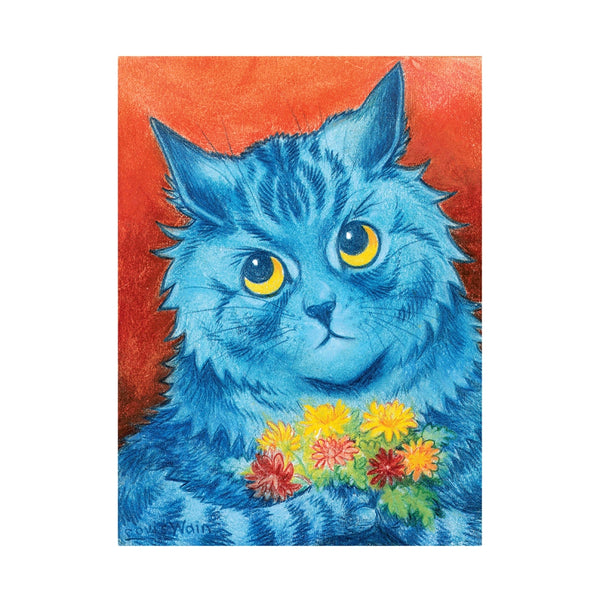 rectangular note card with colorful illustration by Louis Wain titled "A Shy Offering" of a bright blue cat on orange background holding bouquet of red and yellow flowers