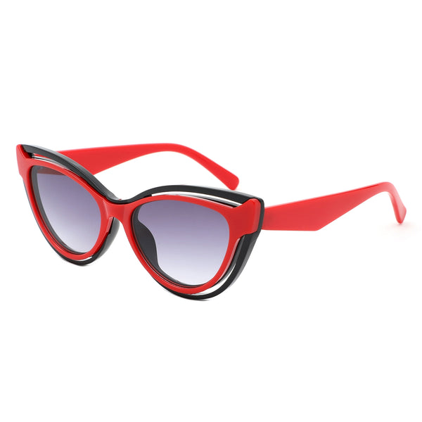 two tone cat eye sunglasses in bright red with outer frame of translucent and black plastic. Shown from side