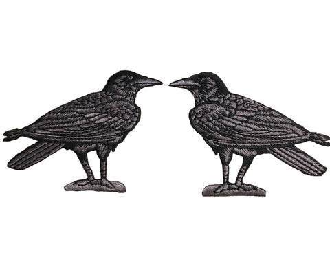 set of two mirrored embroidered patches of black and grey ravens