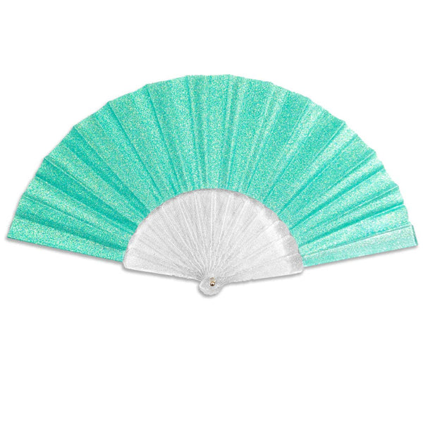 bright turquoise glittery folding fan with translucent sparkly ribs shown open 