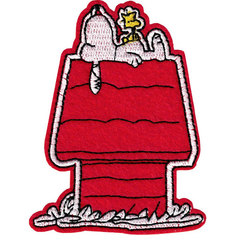 Red felt embroidered patch of Snoopy lying on his doghouse with Woodstock lying on top of him 