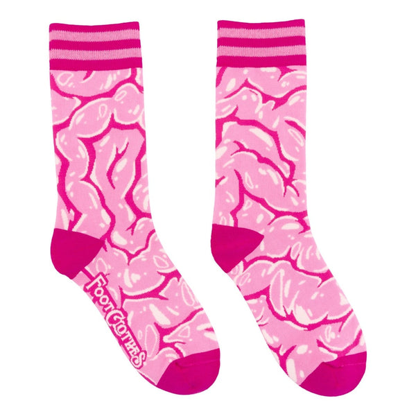 cotton unisex crew socks with allover pattern of pink and white brain matter, with pink striped cuffs and solid pink heels & toes. Shown flat