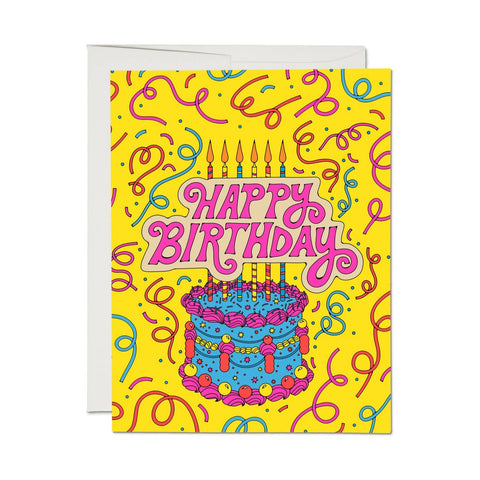 greeting card with "HAPPY BIRTHDAY" in pink script above a neon blue, pink, yellow, and red birthday cake surrounded by matching confetti on a bright yellow background