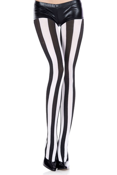 Black and white vertically striped tights worn by model shown from front 