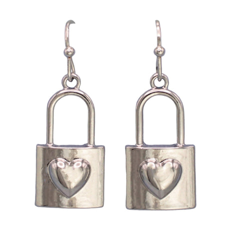 Silver padlock-shaped dangle earrings with heart designs