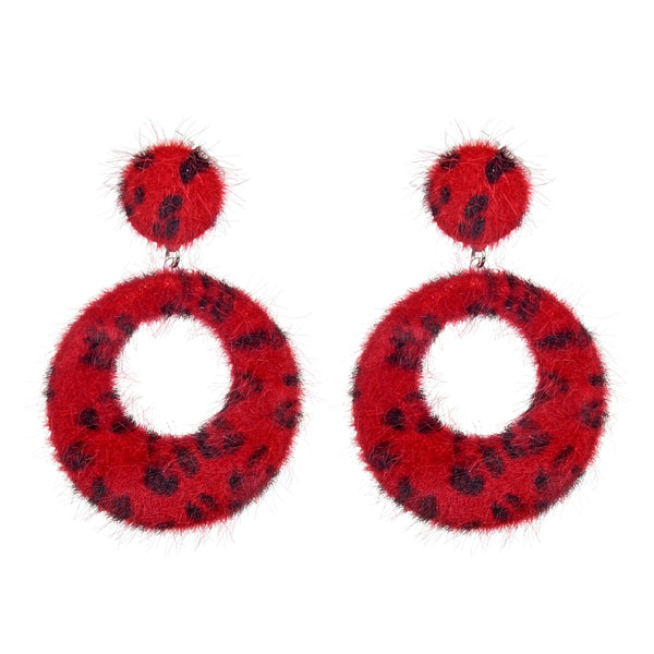 Drop hoop earrings attaching to ear as post in red leopard printed faux pony 