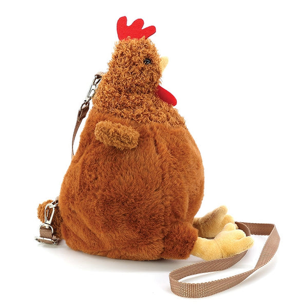plush brown hen novelty shaped crossbody purse with adjustable removable strap. Shown from side