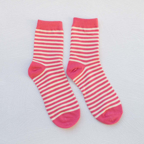 cotton knit socks with rose pink and creamy off-white thin horizontal stripe knit-in pattern