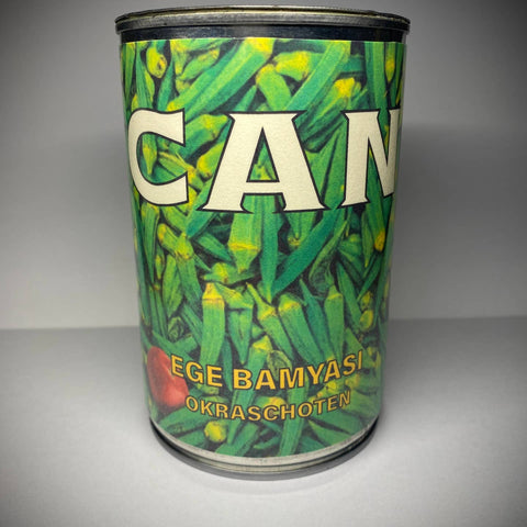 stash can with label of photograph of okra and 'CAN EGE BAMYASI' text 
