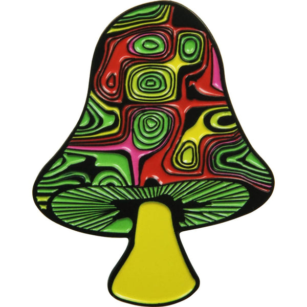 black metal enamel pin of a toadstool mushroom with a swirled black and pink, yellow, red, green pattern