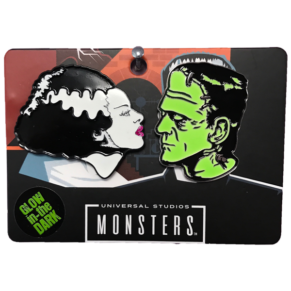 Glow-in-the-dark enamel pin set depicting the iconic "We Belong Dead" profile poses of Boris Karloff as the monster and Elsa Lanchester as his mate from the classic 1935 movie, Bride of Frankenstein