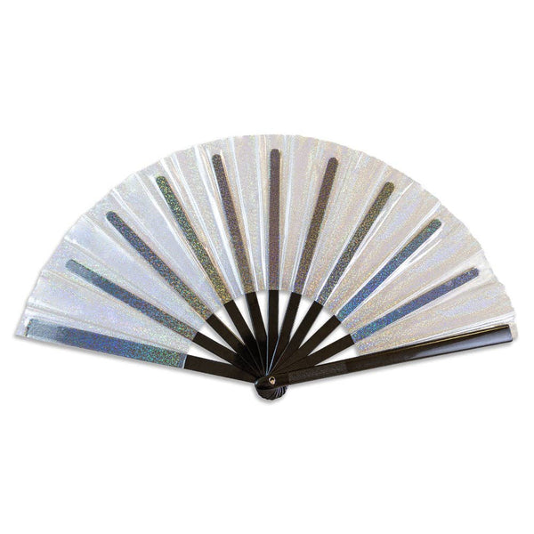oversized transparent “clear” glitter vinyl hand fan with black plastic ribs shown open