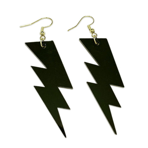 Black laser-cut acrylic lightning bolt dangle earrings