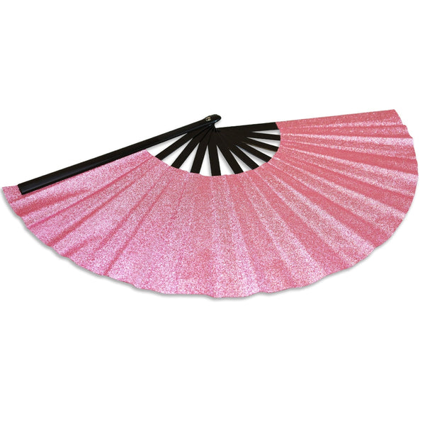 oversized pink glittery hand fan with black plastic ribs shown open from side